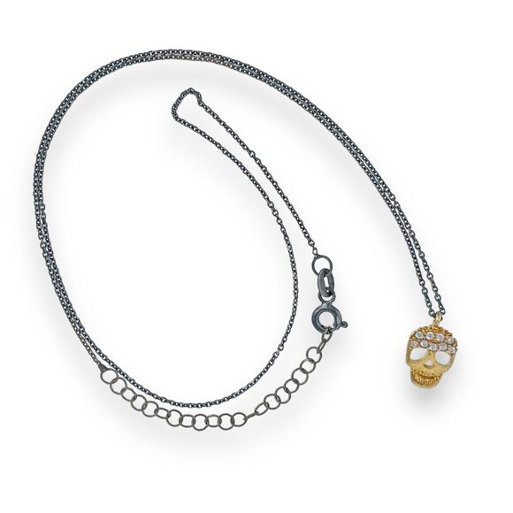 Sterling Silver 925 Gold Tone Crystal Accent Skull Pendant Necklace 15.5"-17.5" - Picture 4 of 5